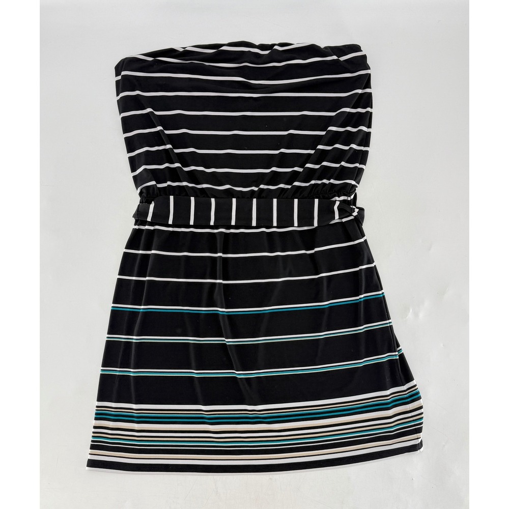 White House Black Market Liquid Knit Striped Strapless Belted‎ Dress Size L Boho